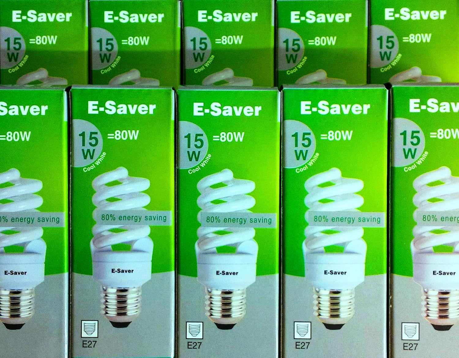 E-Saver, CFL Full Spiral, Energy Saving Light Bulbs -15w = 80 Watt, (Pack of 10), 4200k Cool White Light Bulbs, Screw in Cap