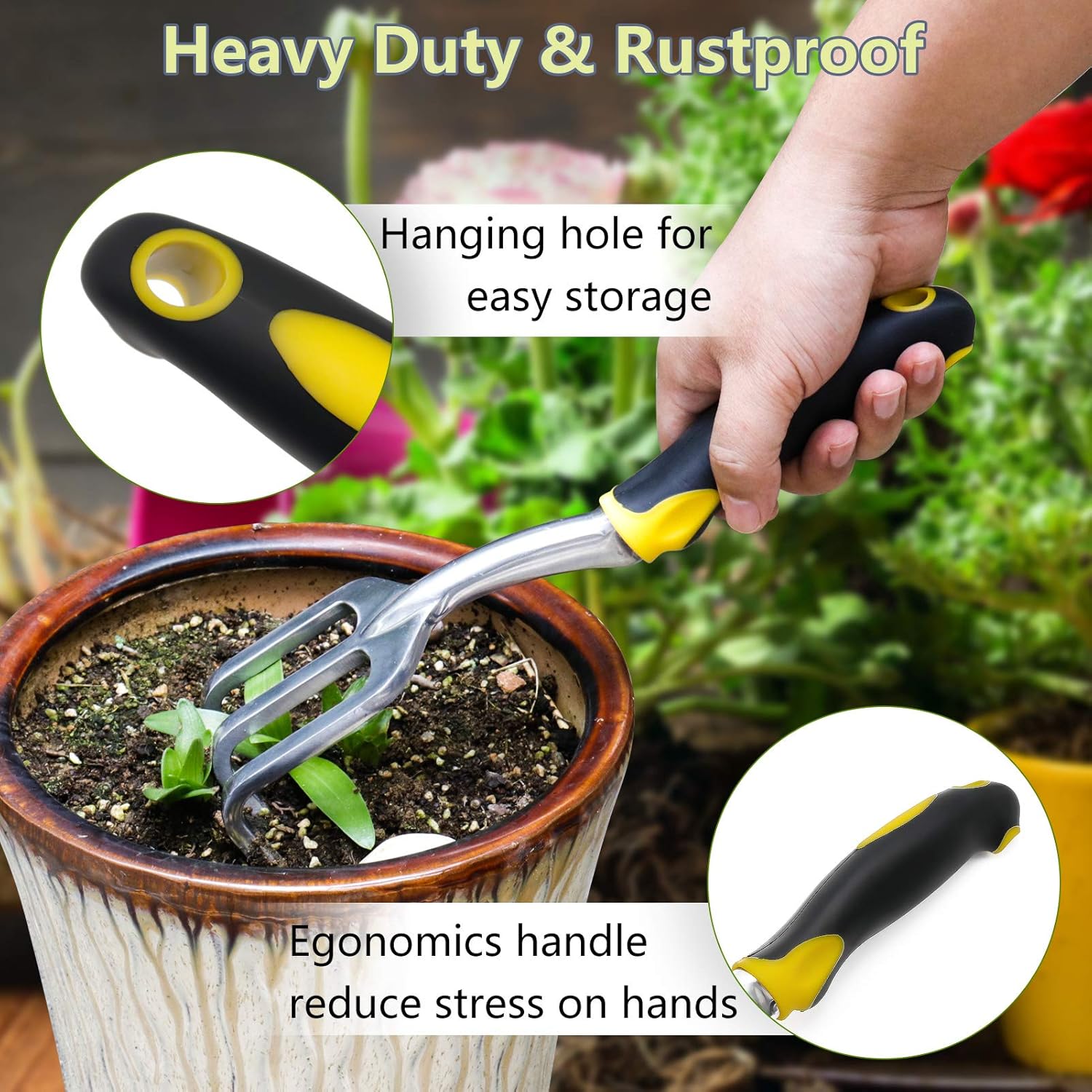 KY Gardening Tools, Garden Tool Set Heavy Duty Cast-Aluminum Gardening Kit Ergonomic Rubber Handle Non-Slip Include Hand Shovel Transplant Trowel with Scale and Cultivator Hand Rake 3 PCS : Garden & Outdoor