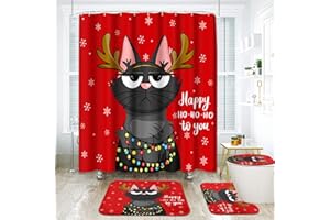 ArtSocket Cute Cat Deer Bathroom Sets with Shower Curtain and Rugs and Accessories, Christmas Reindeer Shower Curtain Sets, Red Snowflakes Shower Curtains for Bathroom Decor 4 Pcs
