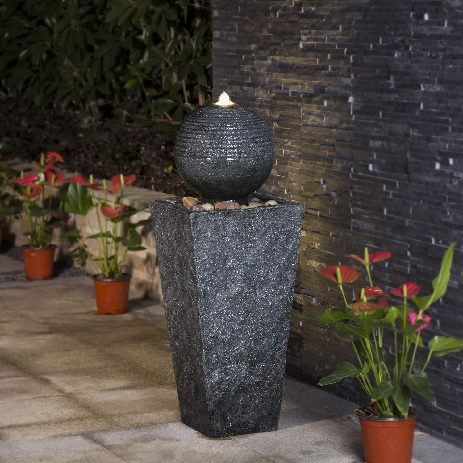 Glitzhome Patio Fountain Waterfall with LED Light Decorative Outdoor Fountain Pedestal Water Fountain with Submersible Pump Vintage Garden Waterfall Decor for Garden Patio Deck Porch, 31.69”H: Kitchen & Dining