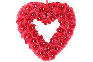 idyllic Heart Shaped Wreath Floral Rose Artificial Garland Door Wreath for Home Wedding Valentine's Day Decoration, Red, 14 inches