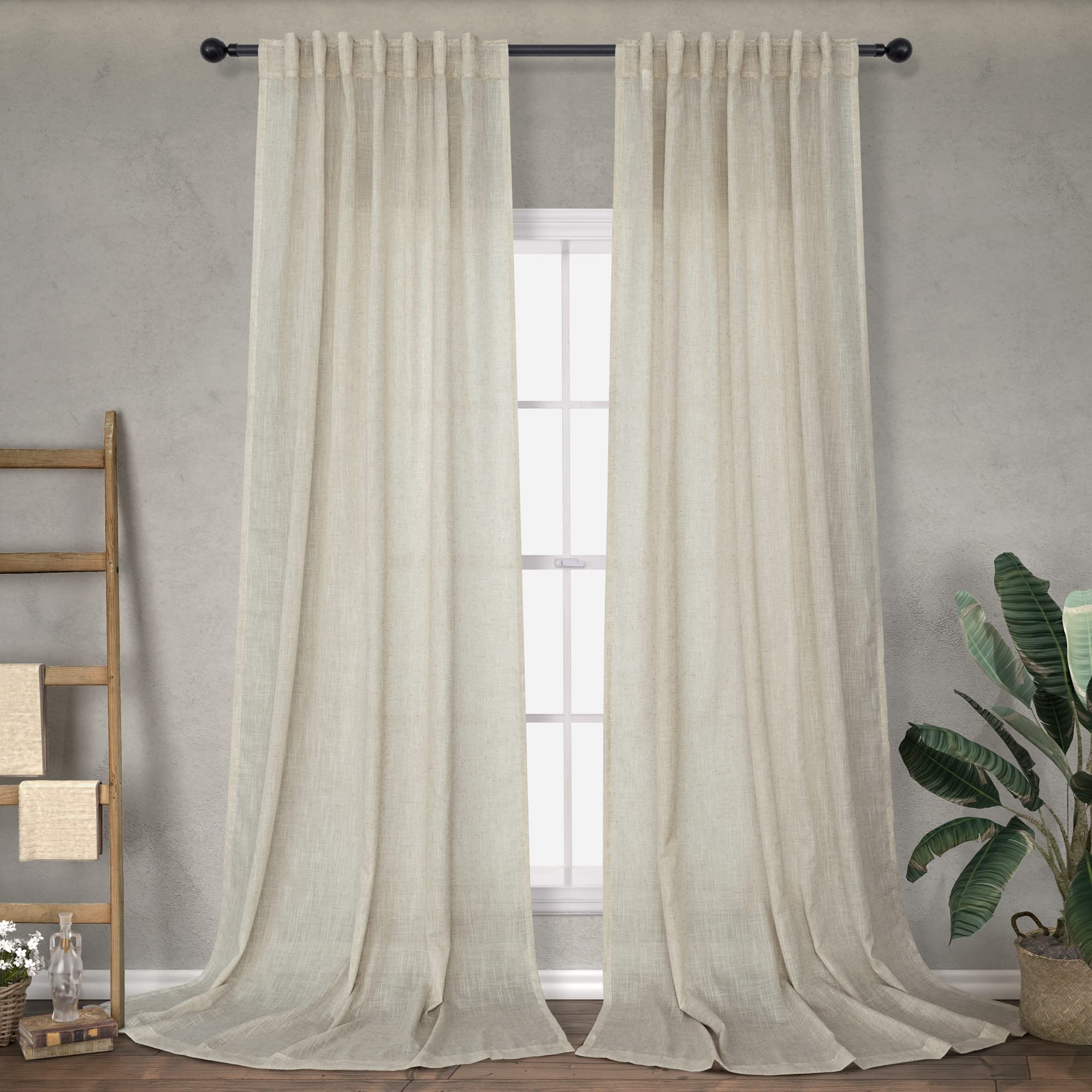 Photo 1 of 102 Length Curtains for Living Room Dining 2 Panel Pocket Back Tab Light Filtering Burlap Farmhouse Flax Linen Large Window Drape Tan Beige Curtain 102 Inches Long for Patio Sliding Glass Door Bedroom