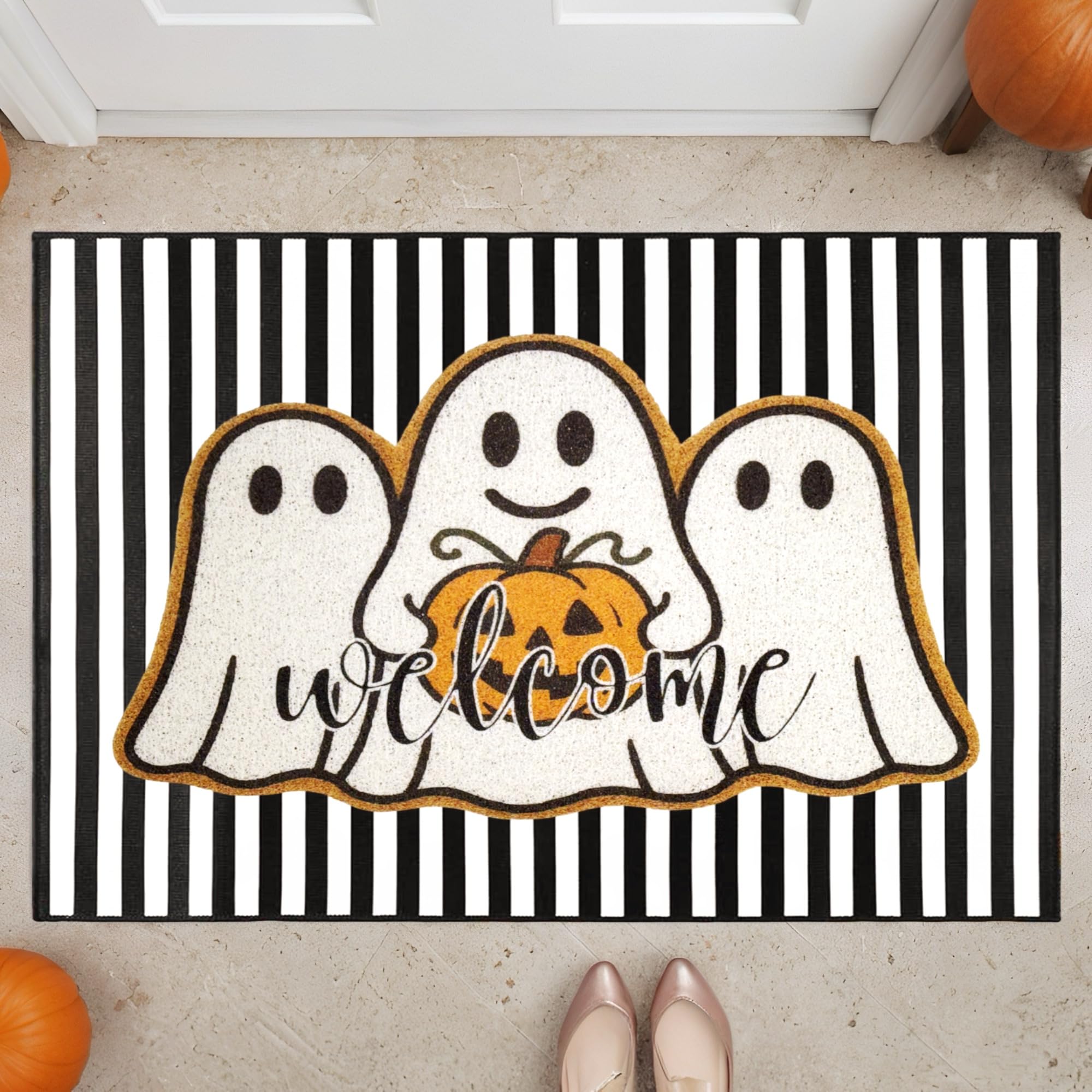 Photo 1 of 2 Pcs Halloween Welcome Door Mats, Ghost Outdoor Polypropylene Coir Mat with White Ghosts & Pumpkin, Black White Stripe Crystal Velvet Non-Slip Rug for Front Porch Entryway