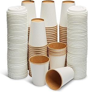 GeeOnyx Biodegradable 12 Oz Coffee Cups - 100 Pack - Resealable Lid - Reusable - White on Brown - Food Safe - Double Insulated Wall - Heavy Paper Cup - Home/Office/Travel - Eco-Friendly