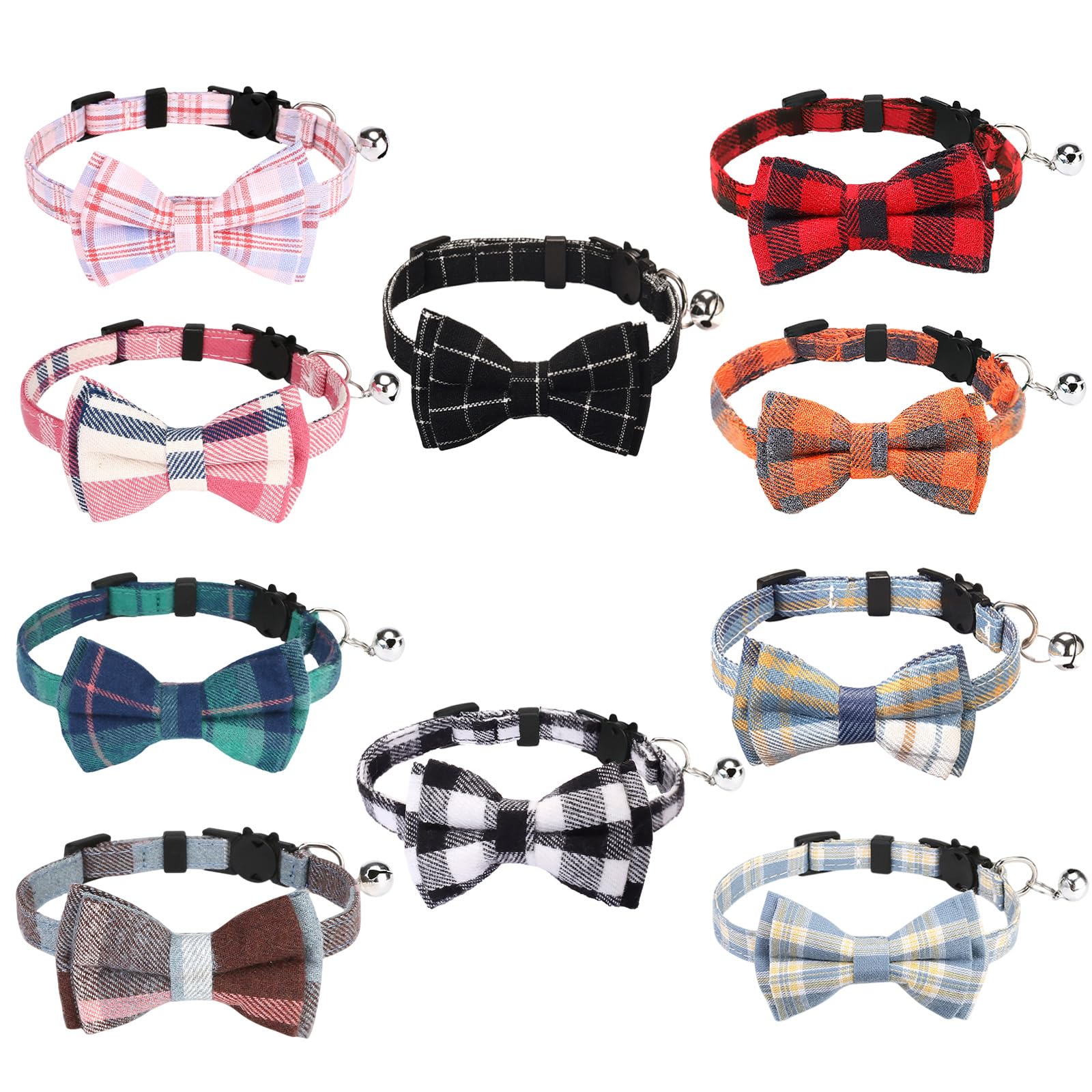 Photo 1 of 10 Pcs Cat Collar Breakaway with Bow Tie and Bell Kitten Collars Removable Bowtie Plaid Cat Collar for Cats Kittens Puppy (Fashion)