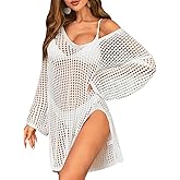 SOCIALA Swimsuit Coverup for Women Crochet Long Sleeve Bathing Suit Cover Up Loose Fit Beach Swimwear Dress