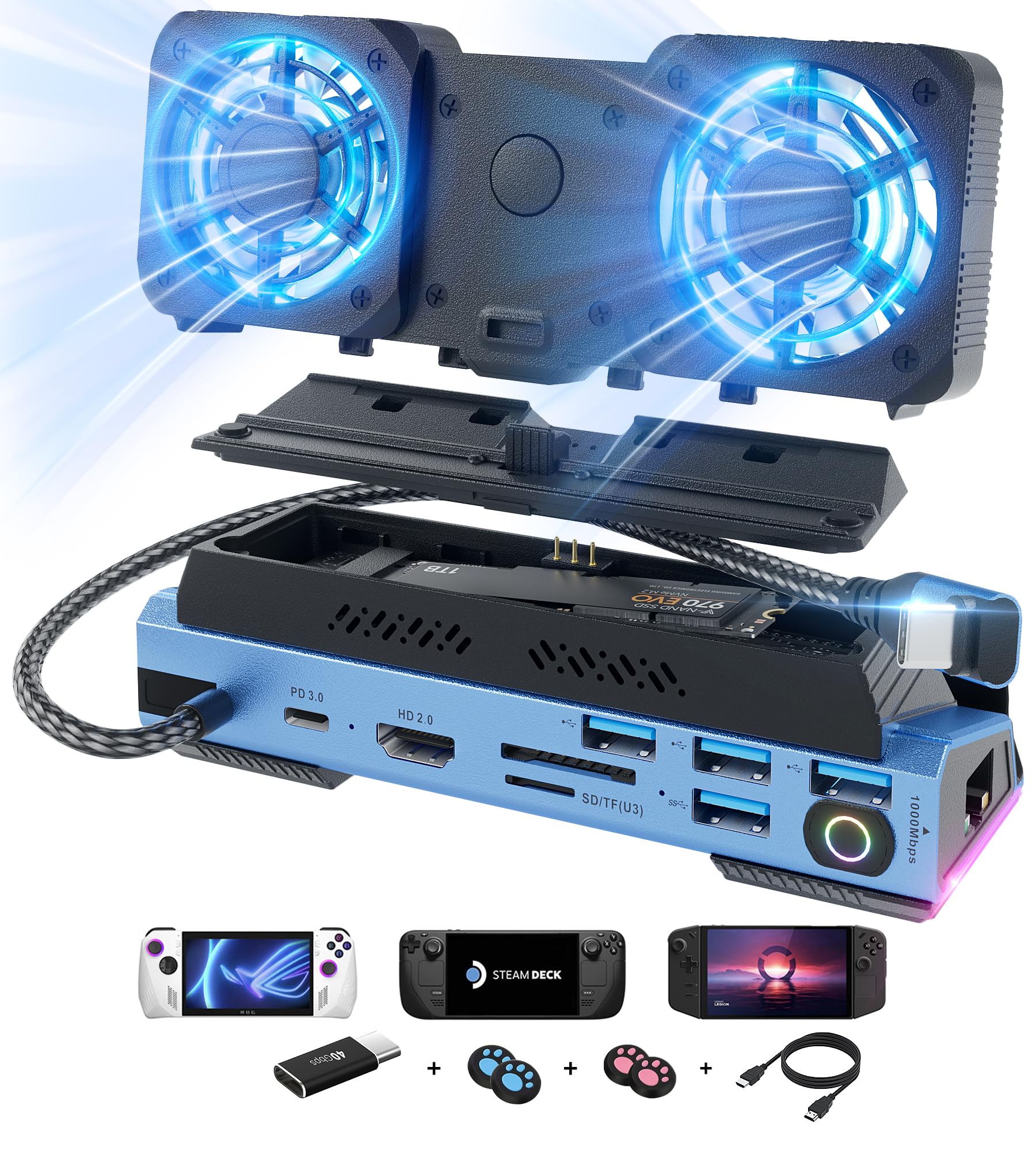 Photo 1 of YCBUENO 14 in 1 Steam Deck Docking Station with Dismantling Cool Fans M.2 NVMe Enclosure,4K@60Hz,1000Mbs Ethernet,SD/TF,4 USB A,100W PD Charging 40Gbps Adapter for Steam Deck/Rog Ally/Switch/Legion Go