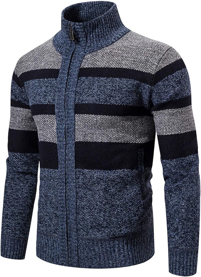 Wantess Men's Zipper Turtleneck Knit Jacket Sweater Striped Colorblocked Regular-fit Outdoor 