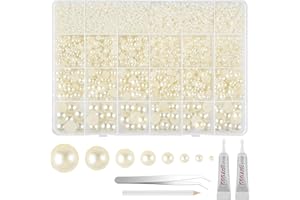 NEBURORA 13000 Pcs Ivory White Flat Back Pearl Kit 8 Sizes with Tweezer and Picker Pencil Beige Half Round Flatback Pearls Beads for DIY Crafts Nails Makeup Clothes