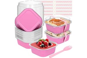JuneHeart Mini Cake Pans with Lids and Spoons (30 Pack, Pink, 10oz) Aluminum Foil Square Muffin Pans - Mini Aluminum Pans with Lids for Dessert and Party