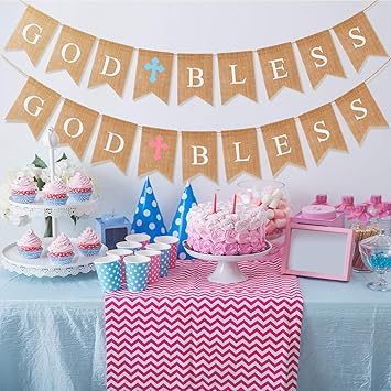 Leinuosen God Bless Burlap Banner Baptism Decorations Christening