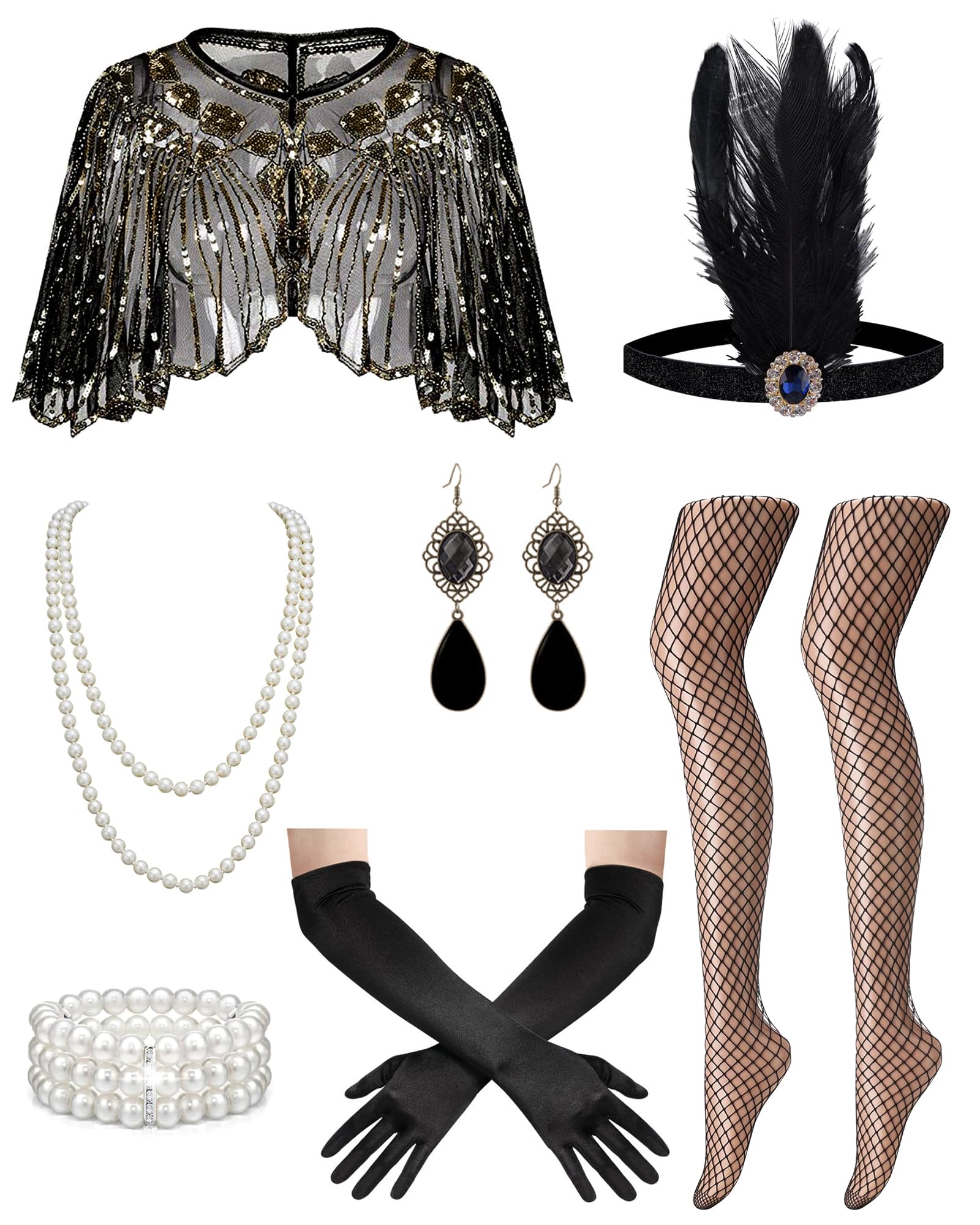 Photo 1 of 1920s Flapper Dresses Accessories for Women, Roaring 20s Great Gatsby Dresses Accessories for Women Theme Set with Shawl Gloves Costume Black Gold