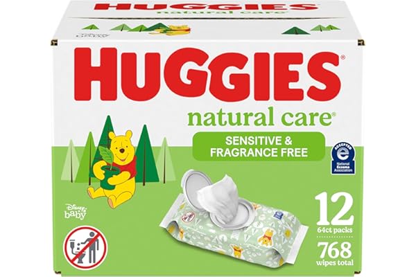 Huggies Natural Care Sensitive Baby Wipes, Unscented, Hypoallergenic, 99% Purified Water, 12 Flip-Top Packs (768 Wipes Total), Packaging May Vary
