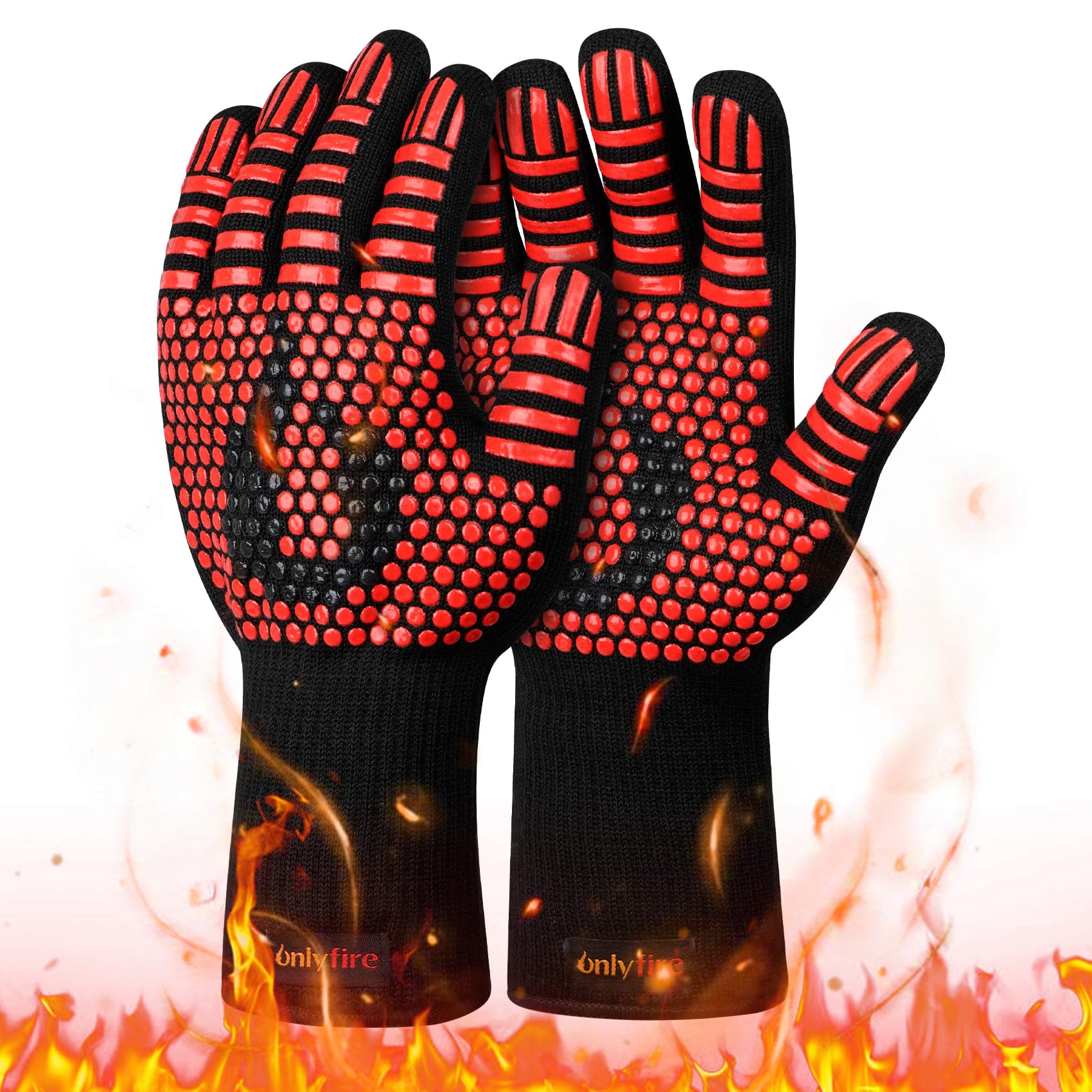 onlyfire BBQ Gloves, 800°C Extreme Heat Resistant Oven Mitts, Silicone Oven Gloves for Grilling, Barbecue, Baking and Cooking, Red