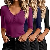 Ficerd 3 Pack Women's 3/4 Sleeve Henley Shirts,X-Large Cotton V Neck Ribbed Knit Slim Fit Shirts Tight Basic Tee