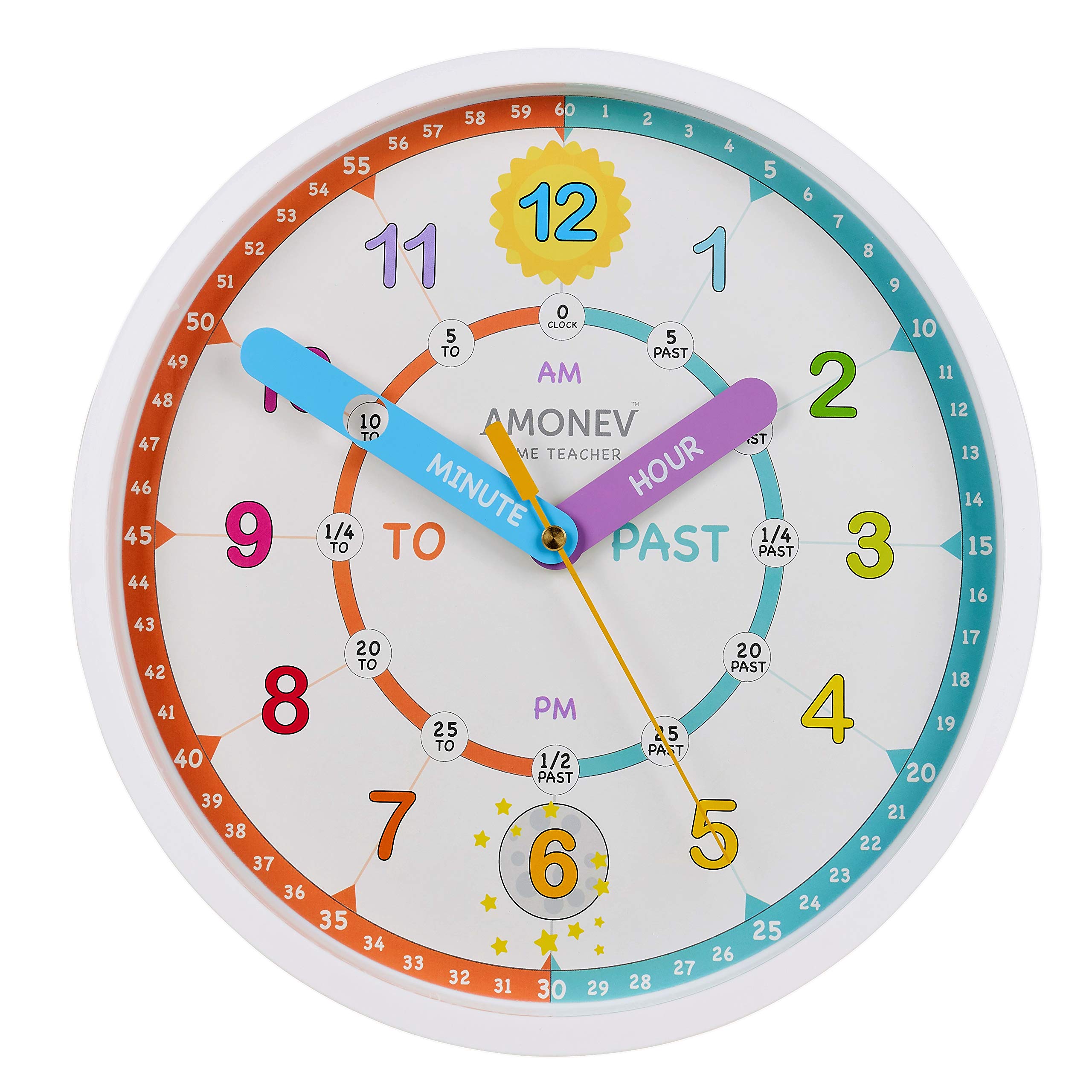 Amonev Time Teacher (V4) Children's Clock - Easy to Read Analogue Clock with Silent Ticking - Teach Children How to Tell the Time - Multicolour