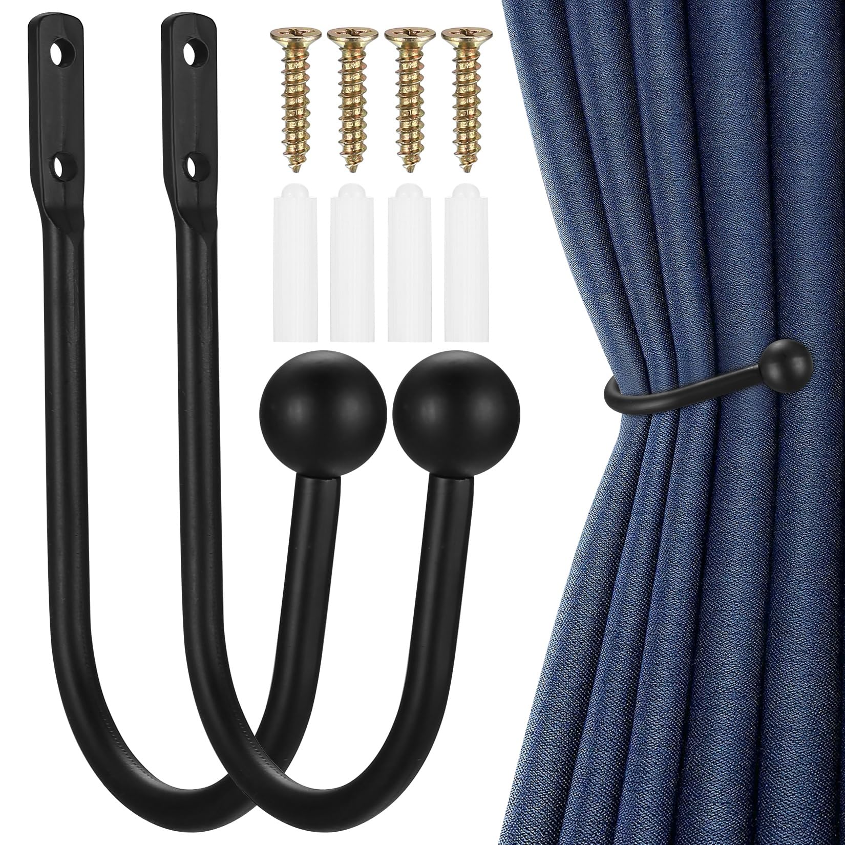 XxinXrong Metal Curtain Holdbacks, 2 Pcs Curtain Drapery Holdbacks, Curtain Tieback Hooks, Wall Mounted Window Curtain Holder Hooks, Drapery Holdbacks for Fixed Curtain or Hanging Items (2pcs-black)