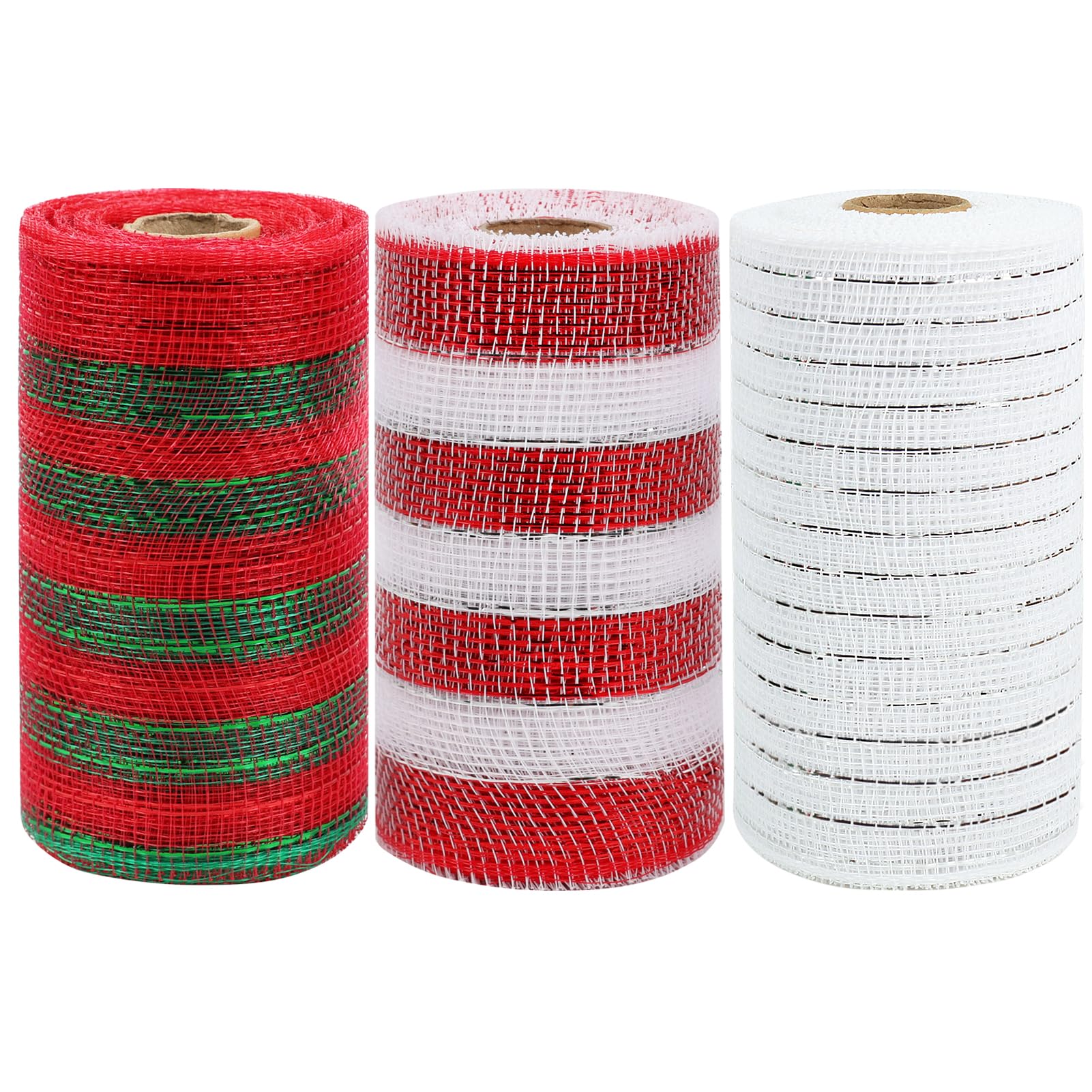 tenn well 3 Rolls Poly Mesh Ribbon for Wreath Making, 6 Inch x 10 Yards Stripe Deco Mesh Ribbons for Christmas Tree Decoration and Gift Wrapping (Red White+Red Green+White)