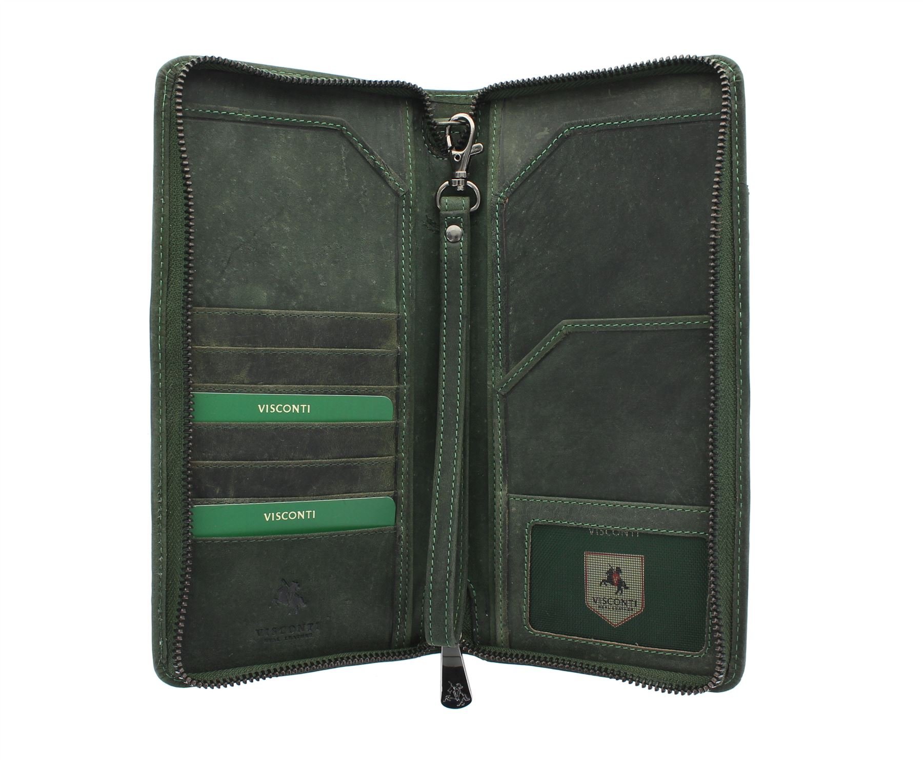VISCONTI Hunter Collection Wing Leather Travel Wallet & Strap RFID Blocking 728 Oil Green