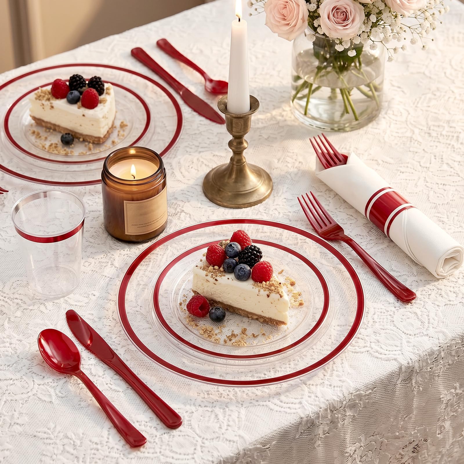 Condition photo showing New/Like New for cheerserve 350pcs plastic plates for party clear & red