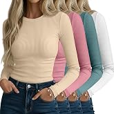 Neer 4 Pack Women's Ribbed Long Sleeve Shirts Cotton Basic Tops | Slim Fitted T-Shirts, Crew Neck Knit Undershirts, Workout Stretch Layering Tees, Tight Underscrubs, Business Casual Clothes