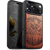 Carveit Magnetic Wooden Case for iPhone 17 Pro Max Case, Wood Artisan Engraved & Black Soft TPU Shockproof Cover, Compatible with MagSafe Wireless Chargers (Alpine Lakes) Rosy
