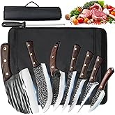 ZENG 8 Pieces Butcher Knife Set with Roll Bag, Chef Knife Set for Meat Cleaver Cutting & Viking Knives with Ergonomic Handles, Stainless Steel Hand Forged Kitchen Knife Set for Home, Cooking, Camping