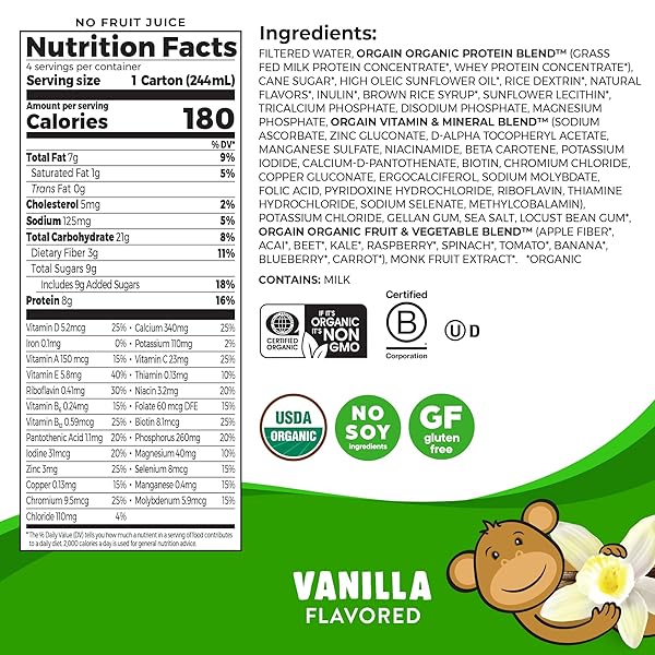 ORGAIN ORGANIC KIDS NUTRITIONAL PROTEIN SHAKE, VANILLA, HEALTHY KIDS SNACKS, 8G DAIRY PROTEIN, 3G FIBER, 22 VITAMINS & MINERALS, NO SOY INGREDIENTS, GLUTEN FREE, NON-GMO, 8.25 FL OZ (PACK OF 12)