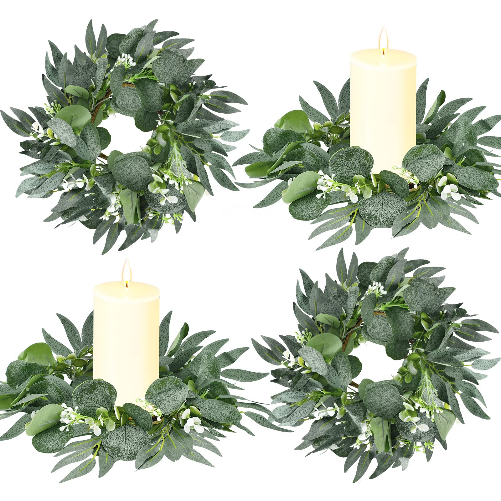 Photo 1 of Thinkday 4 Pcs Eucalyptus Candle Ring Small 4 Inch Center Mini Artificial Wreaths Green Floral Leaves Pillar Holder Centerpieces for Wedding Door Wall Window Kitchen Cabinet Farmhouse Decoration