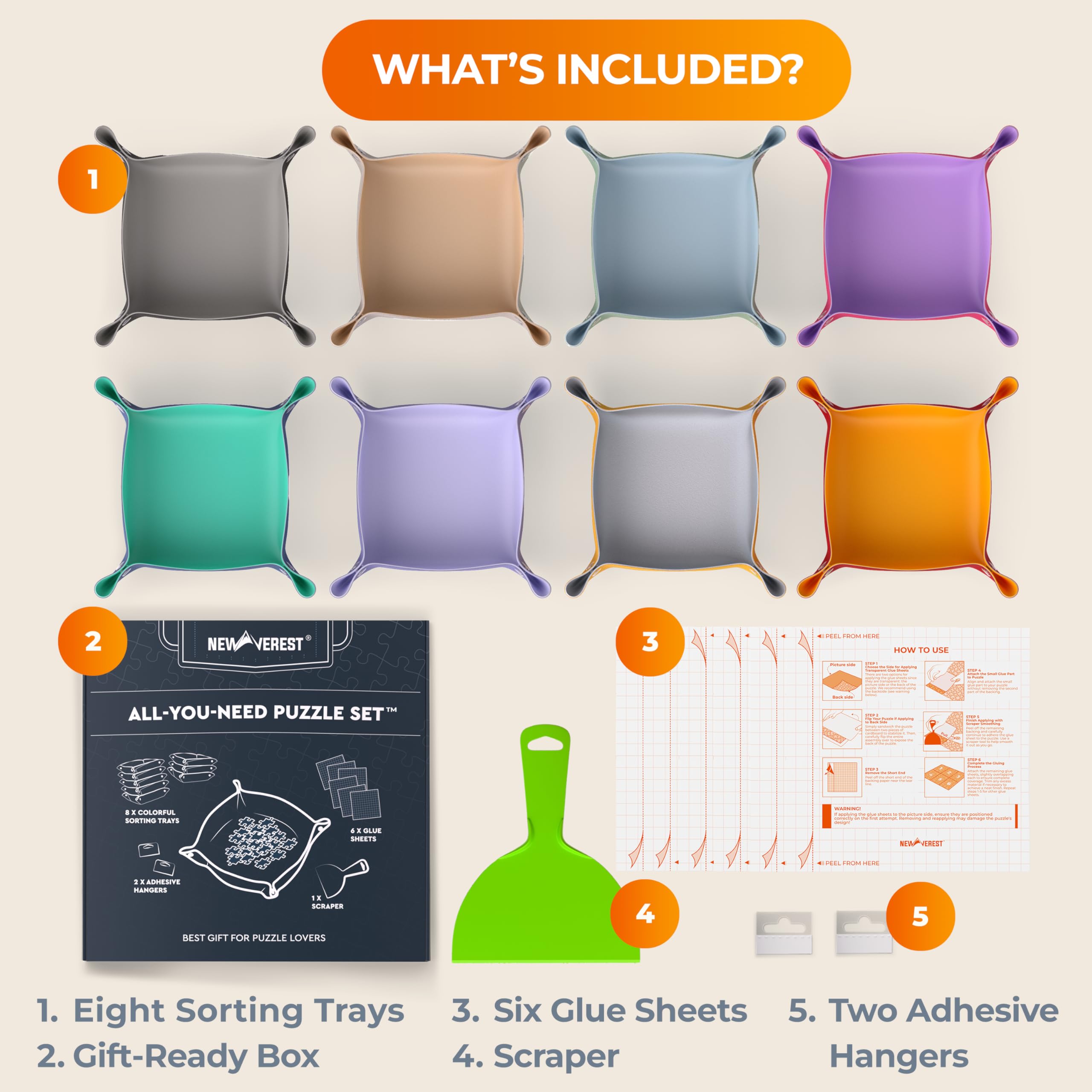 Newverest All-You-Need Puzzle Set: 8 Puzzle Sorting Trays for up to 2000 Pieces, 6 Glue Sheets, 1 Large Scraper & 2 Adhesive Hangers in Gift-Ready Packaging – Must-Have Saver Kit for Puzzle Lovers