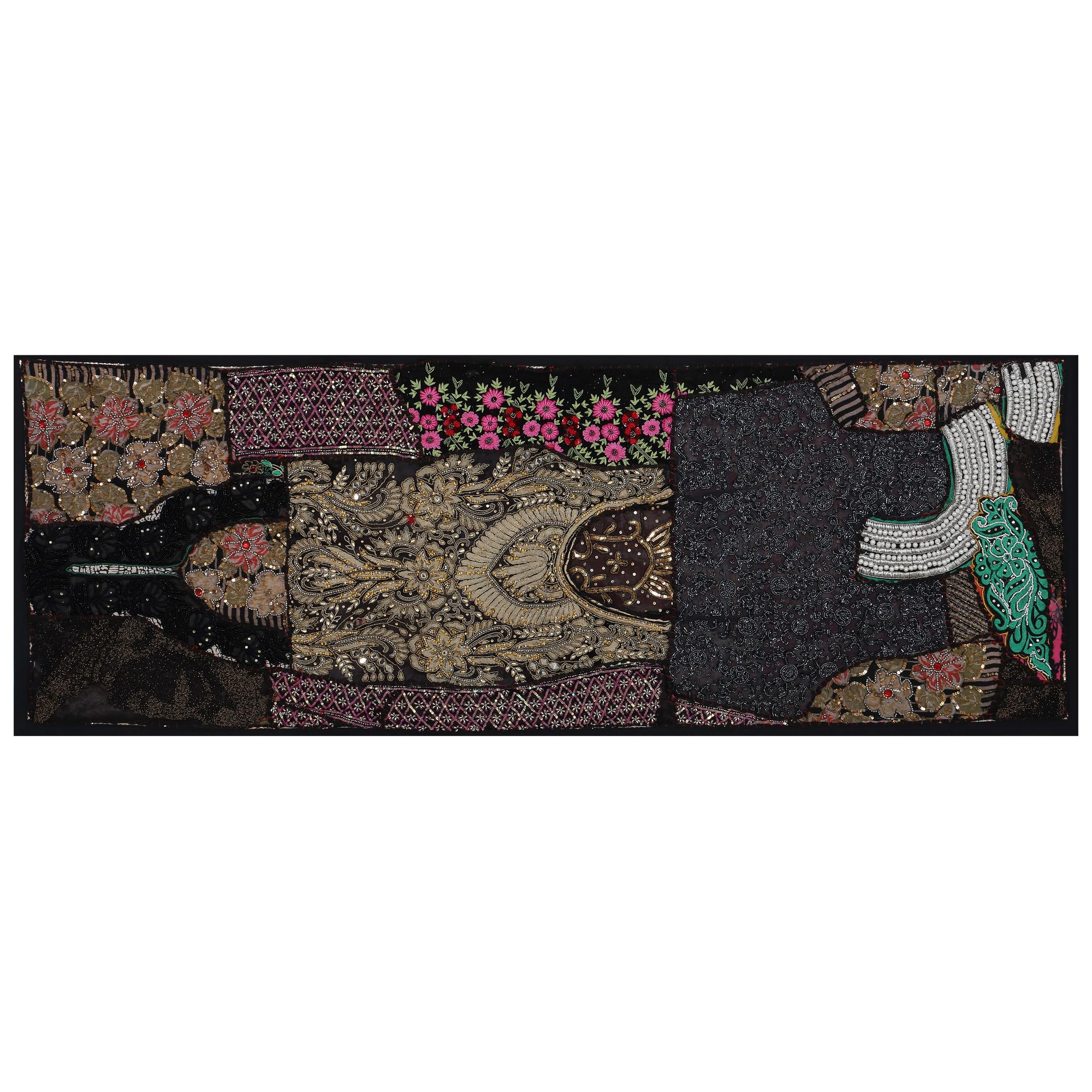 Ethnic Cotton Decorative Indian Dinning Art Table Patchwork Beads Embroidered Room Handmade Decor Cloth Table Runner (Black, 20" x 60")