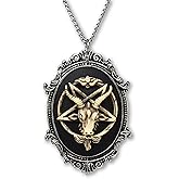 Real Metal Antiqued Goat Head Satanic Baphomet Cameo Bone on Black In Silver Finish Frame Pendant Necklace