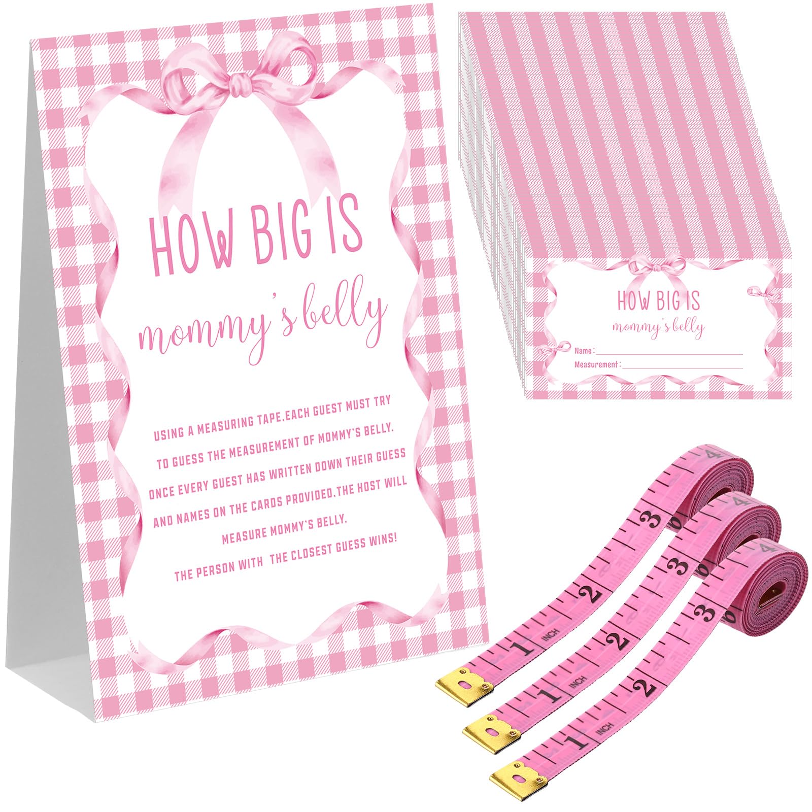 Photo 1 of Sinload 54 Pcs Pink Bow Baby Shower Games Coquette Pink Bow Measure Belly Bump Party Game Include How Big Is Mommy's Belly Sign 50 Guessing Cards 3 Measuring Tapes for Baby Shower Party
