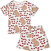 KUEJOP Capybara with Strawberry Summer Cute Pajama Sets, Short Sets for Sleep Wears
