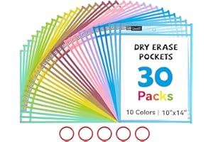 Gamenote 30 Pack Pastel Dry Erase Pockets with 5 Rings, 10 Assorted Colors Macaron 10x14 Oversized Reusable Plastic Sleeves, Clear Sheet Protectors, Teacher Supplies for Classroom Organization
