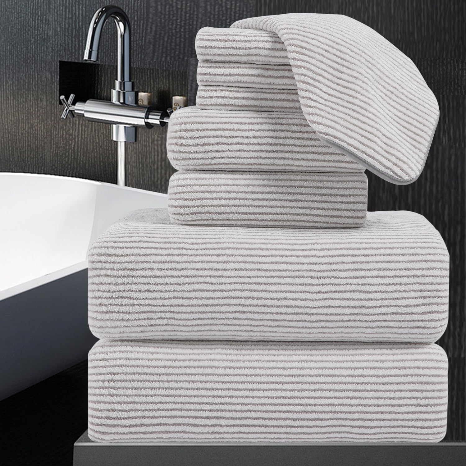 Photo 1 of 8-Piece Premium Towel Set for Bathroom|2 Oversized Large Bath Sheet,2 Hand Towels,4 Washcloths|Soft Cozy Highly Absorbent Fast Dry Microfiber Shower Towel Set for Hotel Bathroom Essentials,Beige White