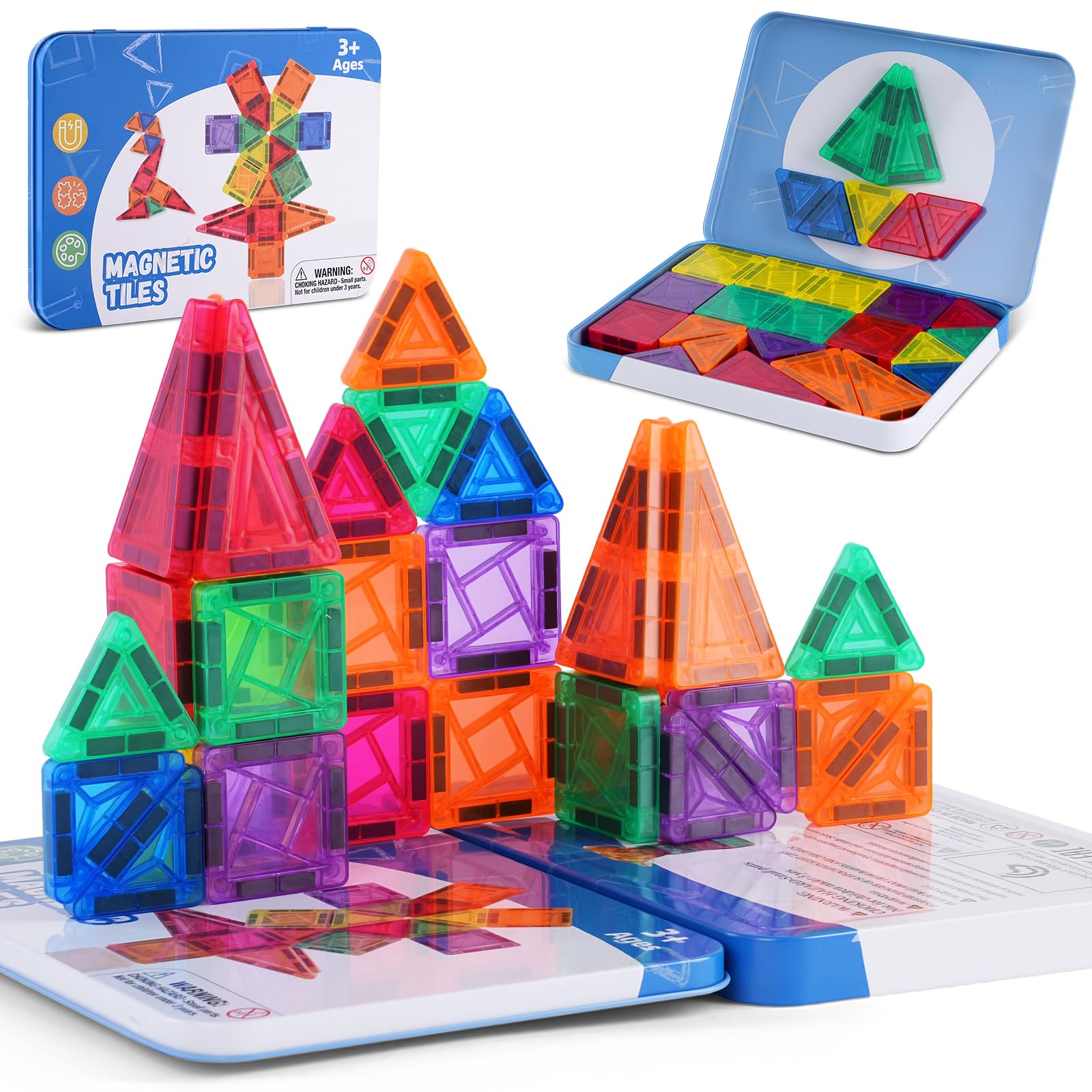 AOOSA 40 Pcs Mini Travel Magnetic Tiles Set, Magnet Building Tiles with Storage Tin, Educational Toys Travel Sets, Magnetic Blocks Building Travel Toys, Construction Toys for Birthday Gift for Kids