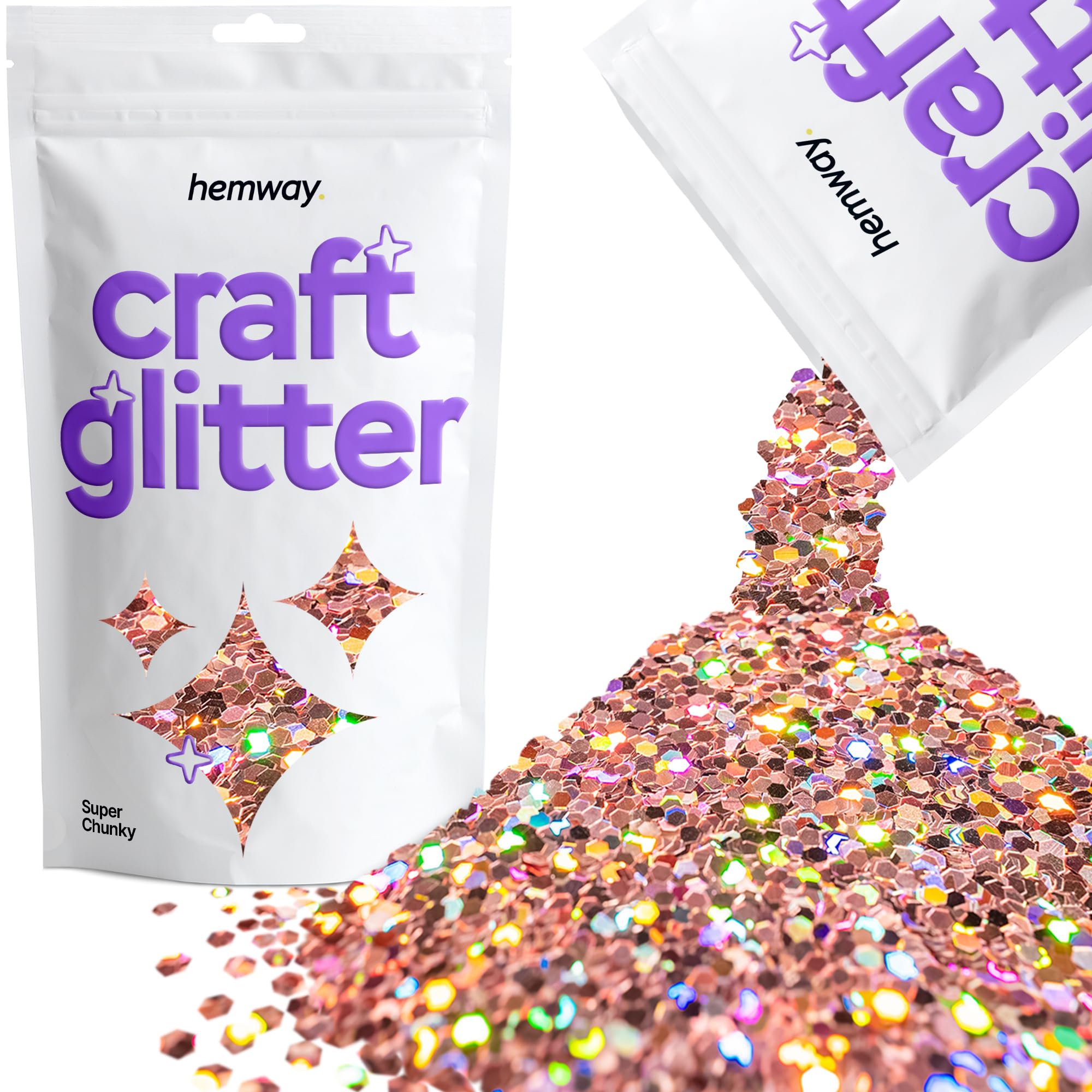 Hemway Craft Glitter Rose Gold Holographic 100g Super Chunky Glitter for Crafts, Resin, Cosmetic, Nail, Face, Body, Festival, Tumblers, Art, Candle, Crafting