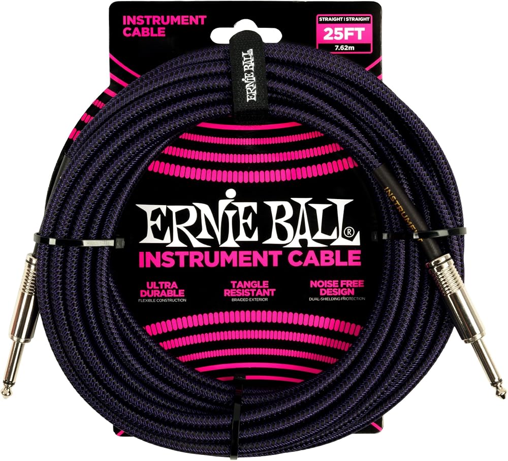 Ernie Ball 25' Braided Instrument Cable Purple Black Straight
