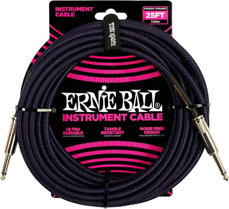 Ernie Ball 25' Braided Instrument Cable Purple Black Straight