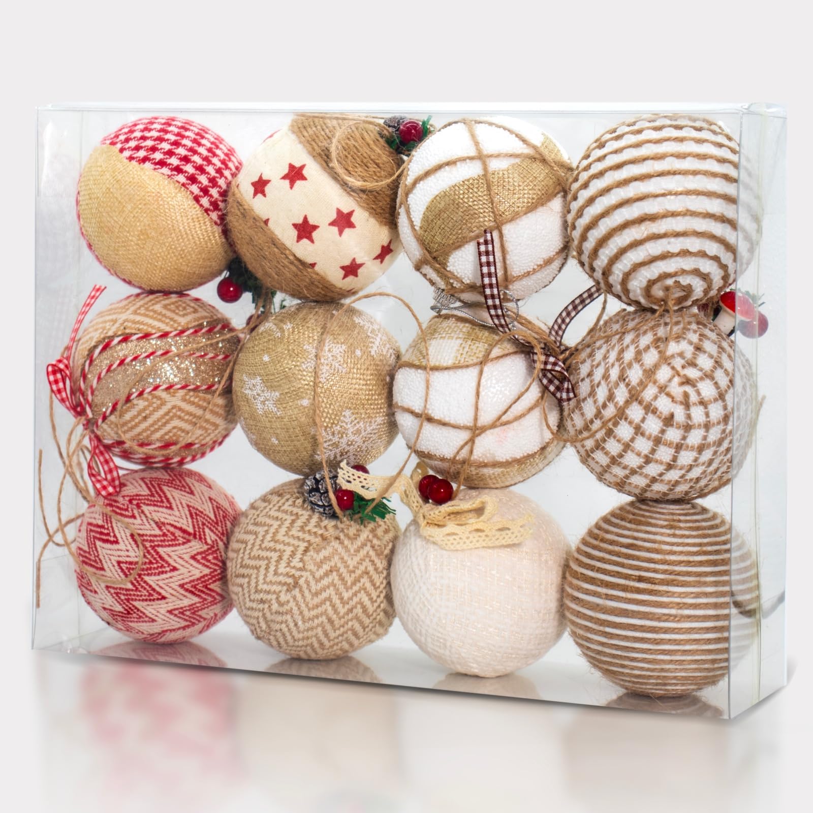 Photo 1 of 12 Pcs Burlap Christmas Ball Ornaments, 3.15 Inches Rustic Christmas Tree Decorations, Large Shatterproof Vintage Farmhouse Natural Jute Xmas Ornaments for Christma Tree, Home Decor, Party