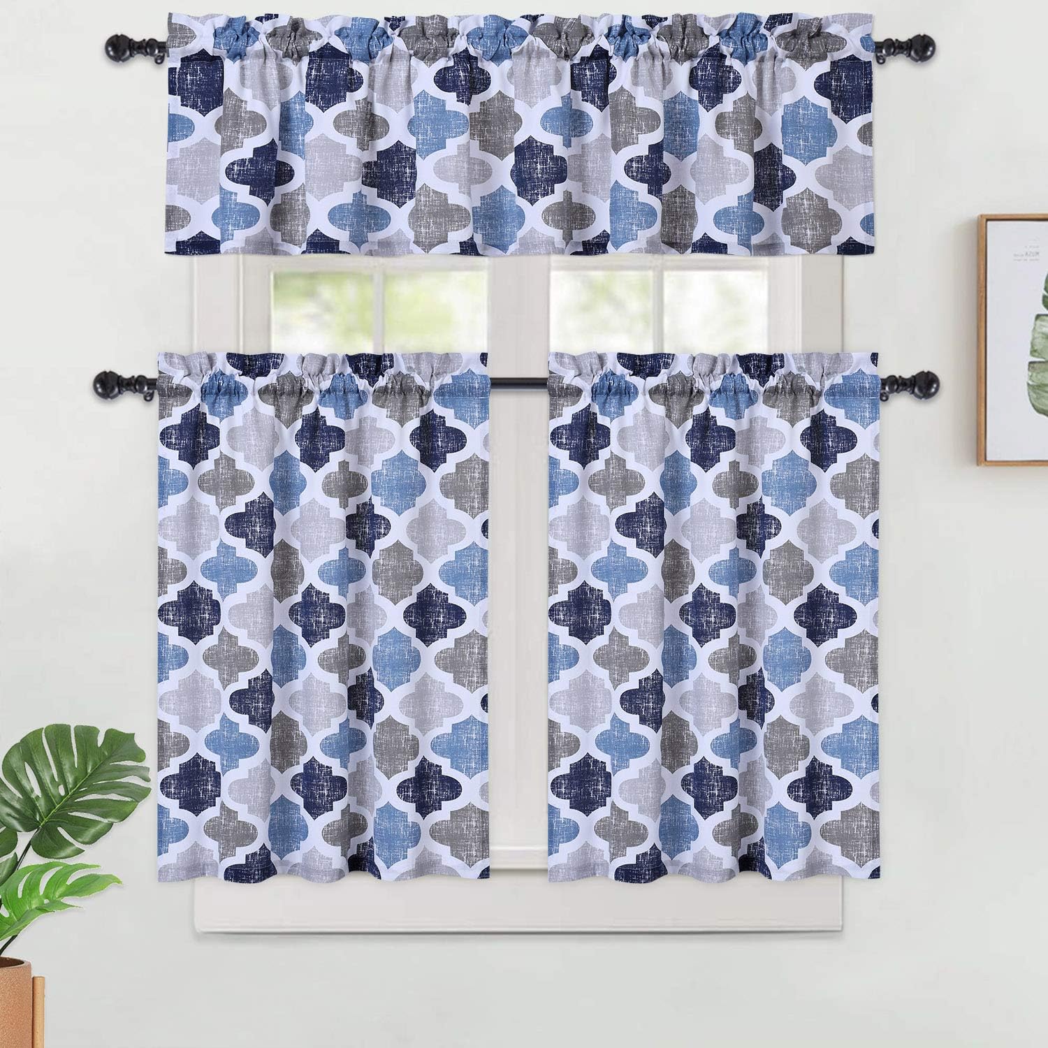 Haperlare 3 Pieces Quatrefoil Kitchen Curtains Tier and Valance Set, Lattice Cotton