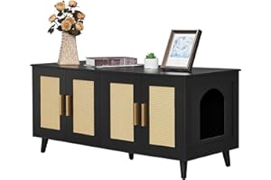 Homhedy Boho Cat Litter Box Enclosure for 2 Cats, Wooden Cat Washroom Furniture with Double Rattan Decorated Doors, Pet House,47.2”L x 19.7”W x 21.7”H, Black and Natural