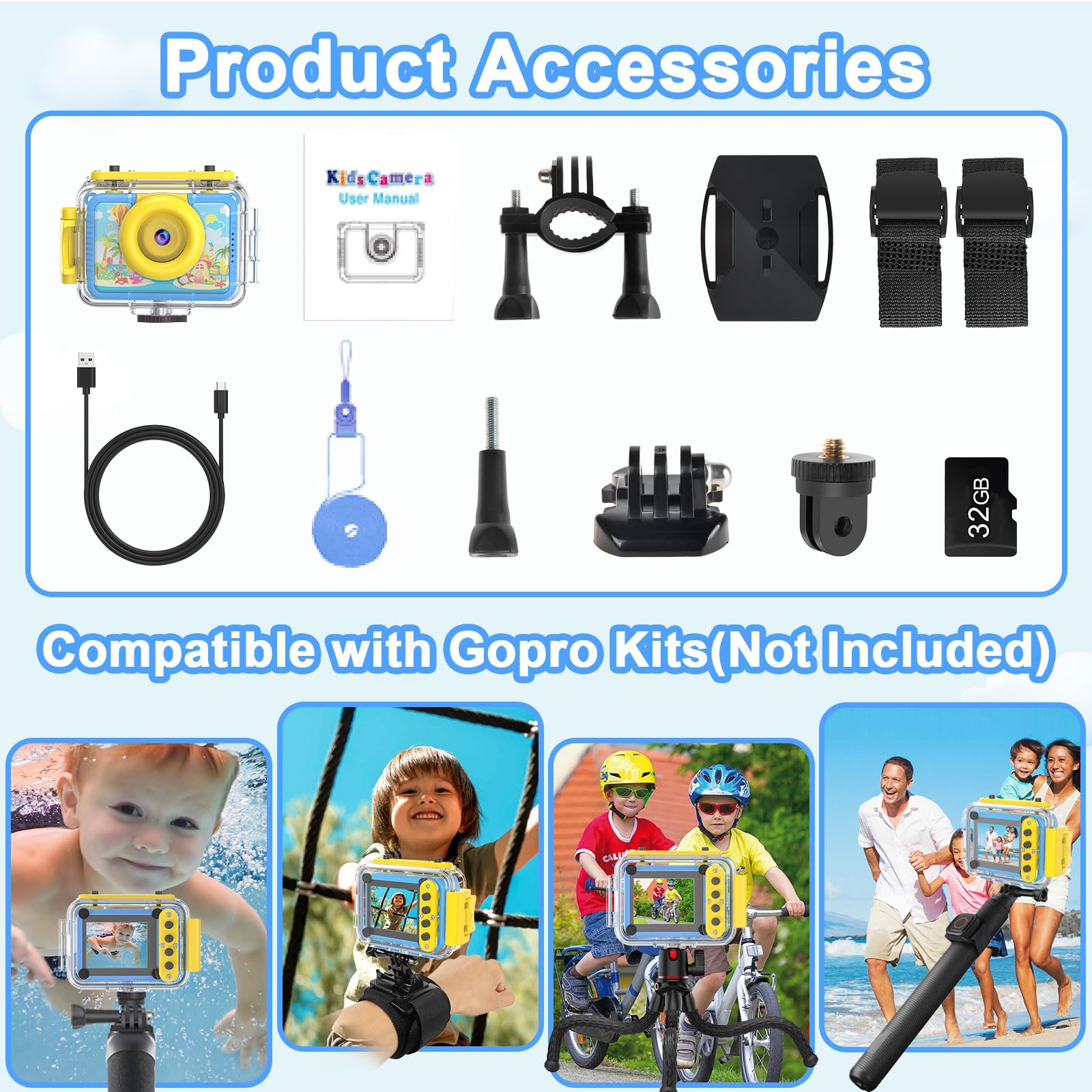 PROGRACE Kids Waterproof Camera - 2024 Upgrade Digital Underwater Camera for Kids Snorkeling Childrens Diving Cameras for Boys Christmas Birthday Gifts Action Cameras Pool Toys for Age 4 5 6 7 8 9 10