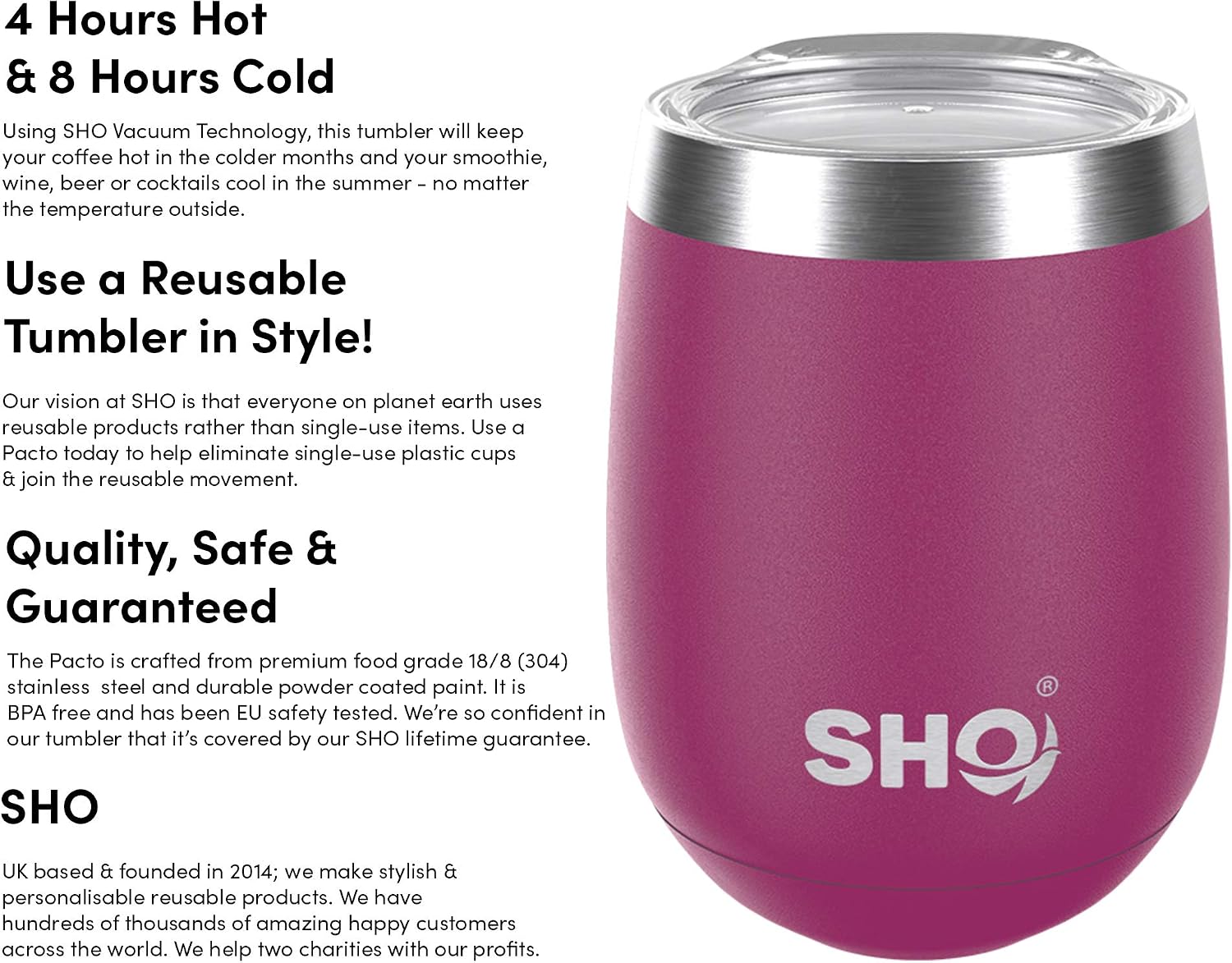 SHO Pacto, Ultimate Insulated Stainless Steel Reusable Coffee Cup & Stemless Wine Tumbler, 4 Hours Hot, 8 Hours Cold, 360ml - Image 4