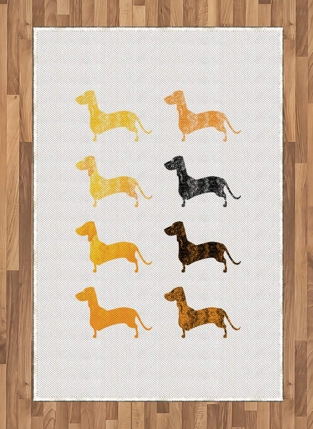 ABAKUHAUS Dachshund Area Rug, Vintage Dog Silhouettes with a Grunge Theme Domestic Pets Pattern, Flat Woven Accent Rug for Living Room Bedroom Dining Room, 4' X 5.7', Marigold Black Orange