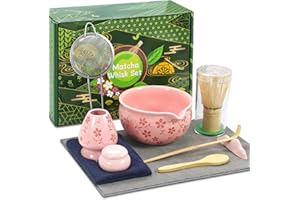 DSSAIRO Matcha Whisk Set Pink,Cute Ceramic Matcha Kit Includes Matcha Bowl,Bamboo Whisk and Holder, Scoop Rest,Sifter and Tea Towel,Mini Matcha Can,Gifts and Ceremony Set for Macha Lovers.(Pink)