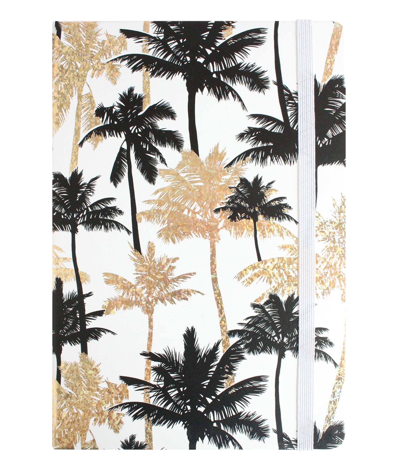 Emartbuy Hardbound Shiny Trees Print Diary Notebook Notepad Writing Journal Ruled A5 Size 96 Sheets (192 Pages) With Elastic Band - Gold Black