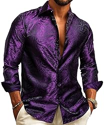 Barry.Wang Dark Purple Men Shirt Silk Paisley Long