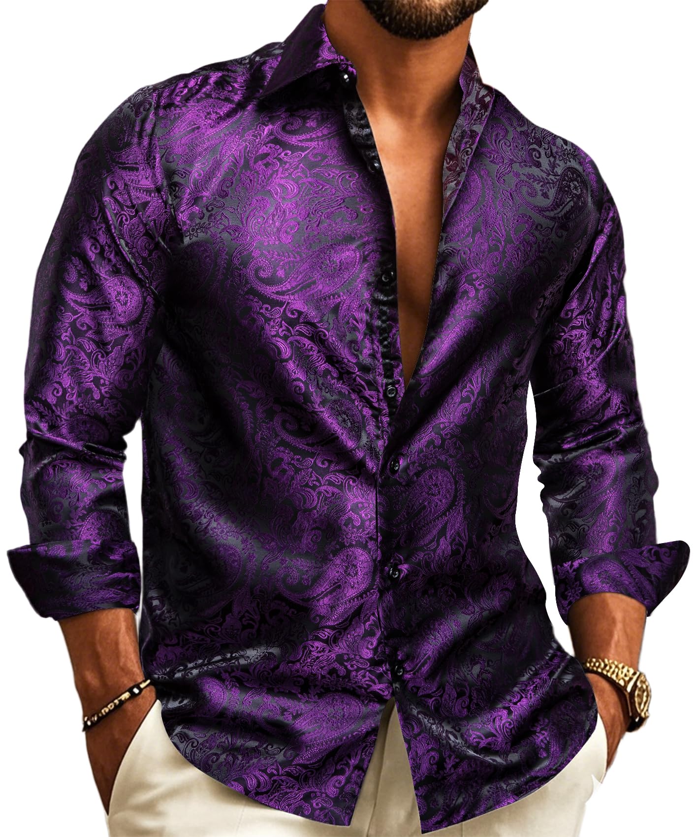 Barry.Wang Dark Purple Men Shirt Silk Paisley Long